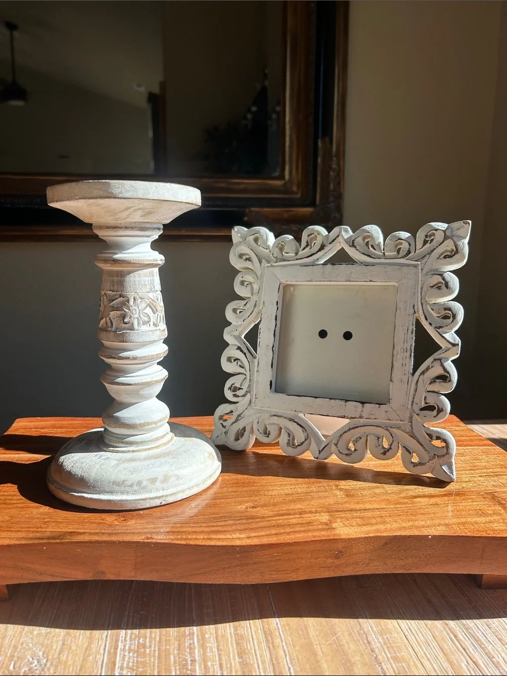 Carved Wood Candlestick & Matching Ornate Square Picture Frame Set